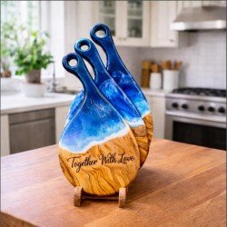 Ocean Resin Olive Wood Cutting Board Set | Coastal Serving Boards, Wedding Gift