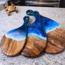Ocean Resin Olive Wood Cutting Board Set | Coastal Serving Boards, Wedding Gift