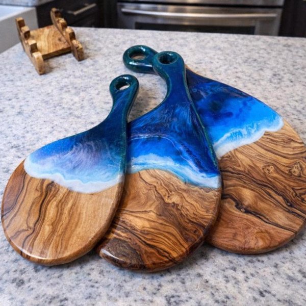 Ocean Resin Olive Wood Cutting Board Set | Coastal… | JustTrueArts