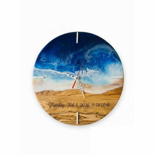 Personalized Engraving Olive Wood Resin Wall Clock |… | JustTrueArts