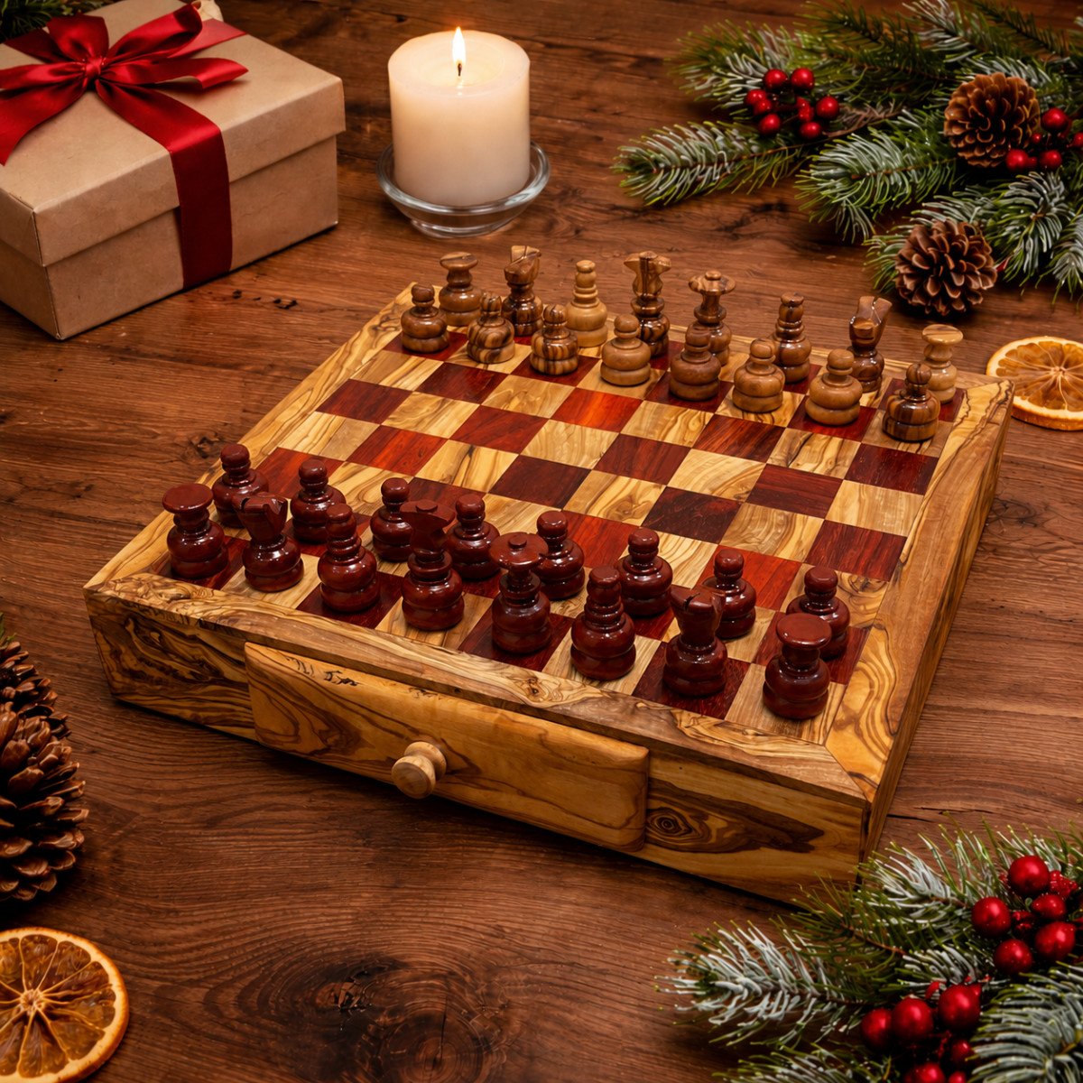 Olive Wood Chess Set With Drawer | Personalized Gift | JustTrueArts