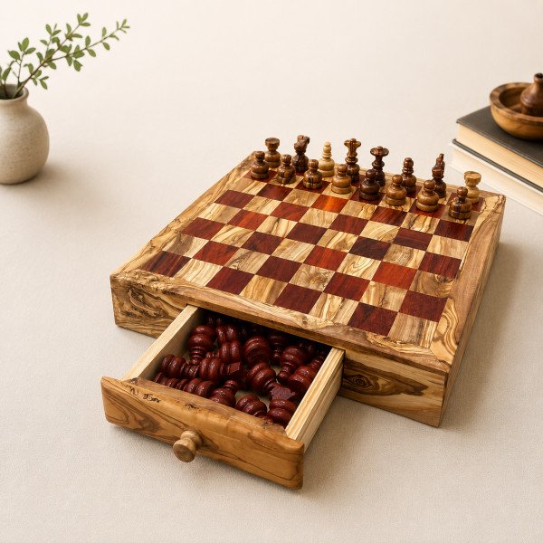 Olive Wood Chess Set With Drawer | Personalized Gift | JustTrueArts