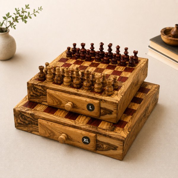 Jeu d'échecs olivier avec tiroir | Cadeau personnalisé | JustTrueArts