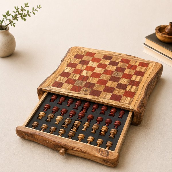 Olive Wood Chess Set With Drawer | Personalized Gift | JustTrueArts