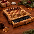 Live Edge Wooden Chess Set With Drawer | Rustic Natural Wood Game, Free Personalization