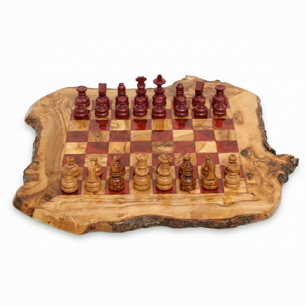 Live Edge Wooden Chess Set | Rustic Natural Olive Wood Game, Free Personalization