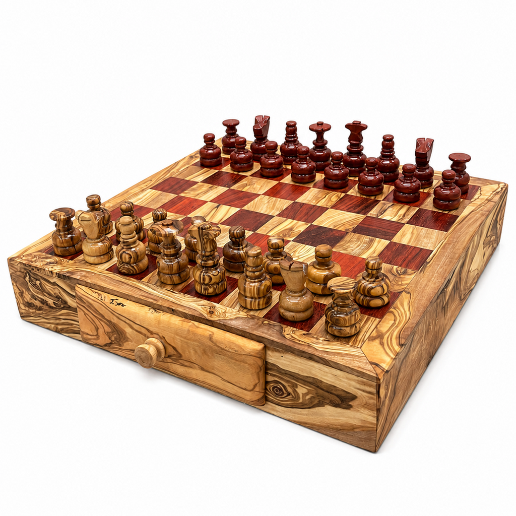 Personalized Wooden Chess Board with Storage Drawers, Handmade Chess Set