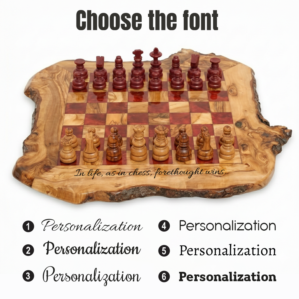 Live Edge Wooden Chess Set | Rustic Natural Olive Wood Game, Free Personalization