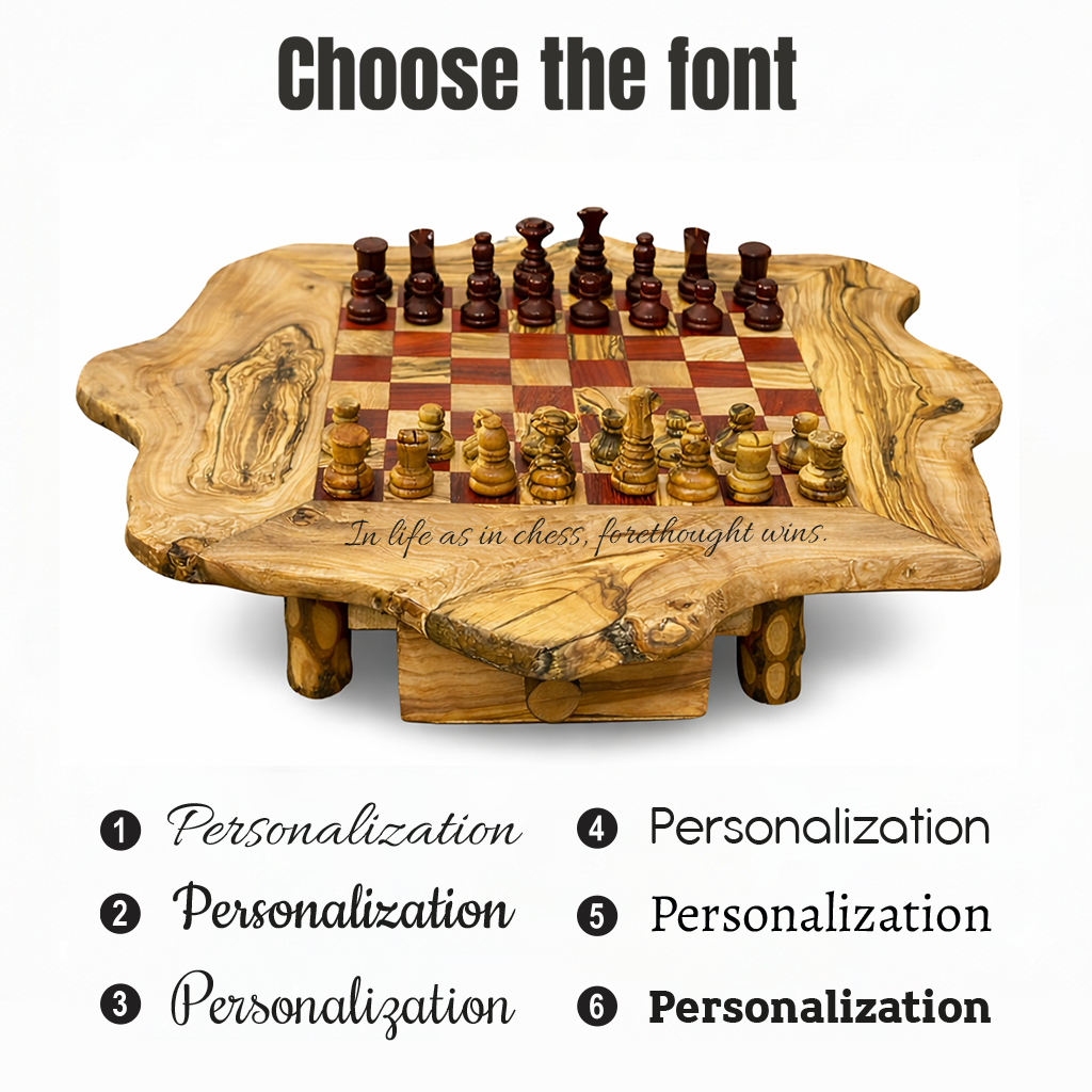 Live Edge Wooden Chess Set With Drawers | Rustic Natural Wood Game, Free Personalization