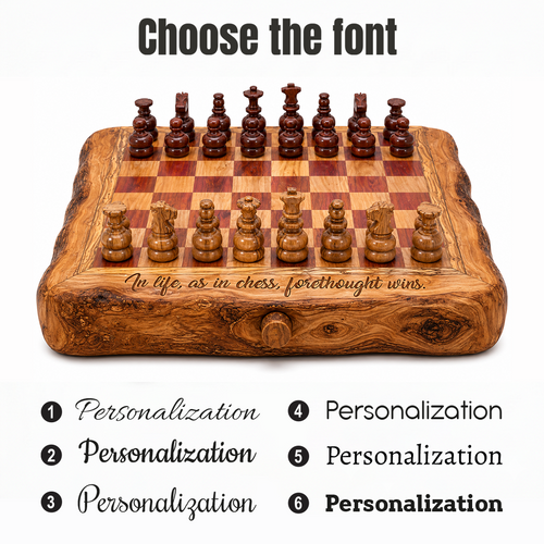 Live Edge Wooden Chess Set With Drawer | Rustic Natural Wood Game, Free Personalization